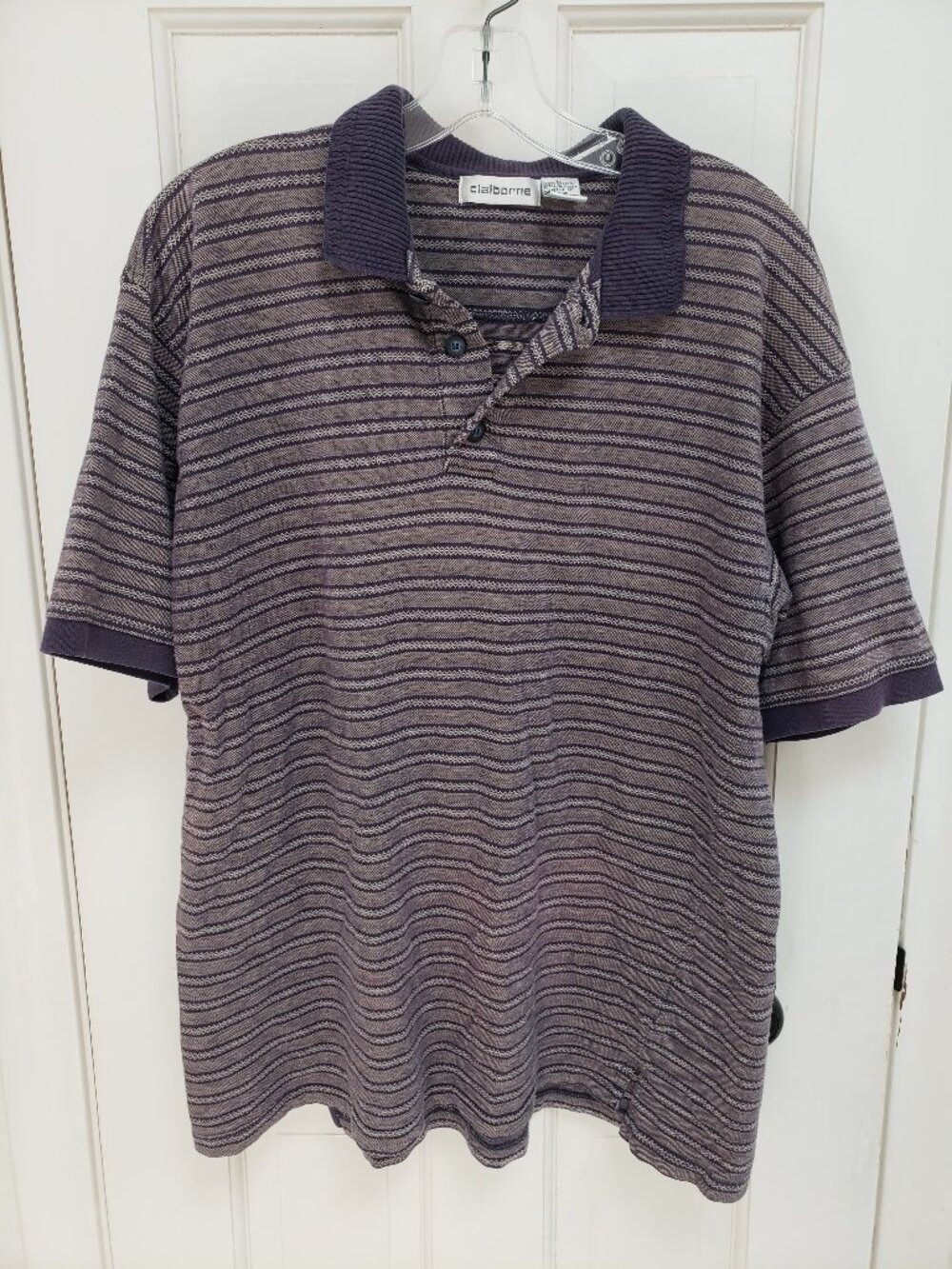 Claiborne vintage Striped Knit Polo Shirt Blue Gray Cotton Men's Large